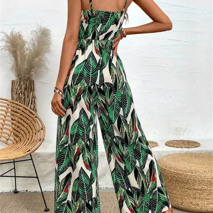 Tropical Print Spaghetti Strap Wide Leg Jumpsuit - MimiStylez