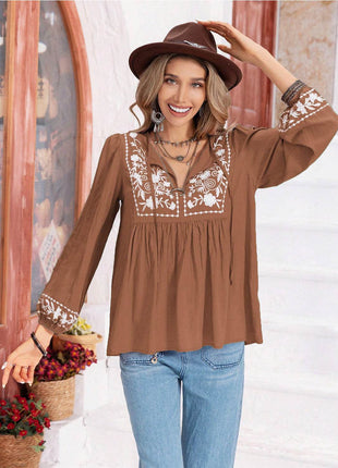 Floral Tie Neck Balloon Sleeve Blouse - MimiStylez