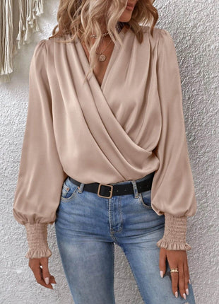 Surplice Smocked Lantern Sleeve Blouse - MimiStylez