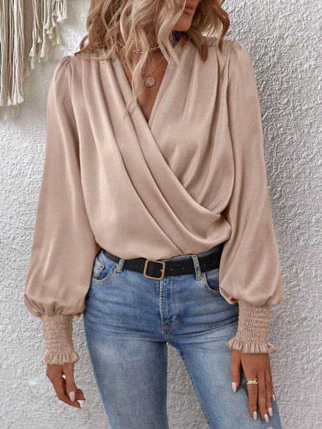 Surplice Smocked Lantern Sleeve Blouse - MimiStylez