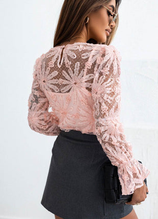 Flower Dotted Ruffled Sleeve Mesh Top - MimiStylez