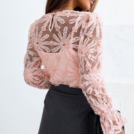 Flower Dotted Ruffled Sleeve Mesh Top - MimiStylez