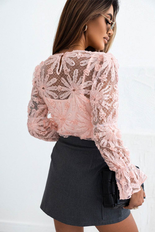 Flower Dotted Ruffled Sleeve Mesh Top - MimiStylez