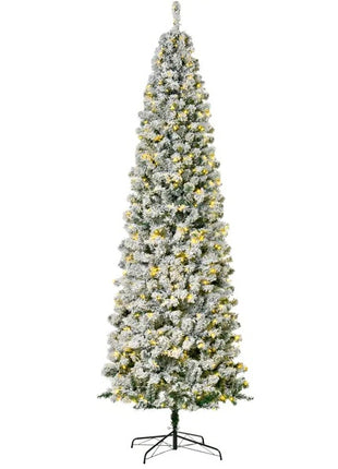 9FT Pre-Lit Snow-Flocked Slim Douglas Fir Christmas Tree With Realistic Branches, 550 LED Lights And 988 Tips