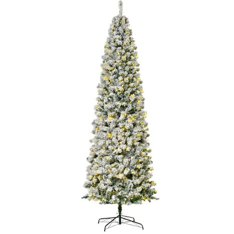 9FT Pre-Lit Snow-Flocked Slim Douglas Fir Christmas Tree With Realistic Branches, 550 LED Lights And 988 Tips