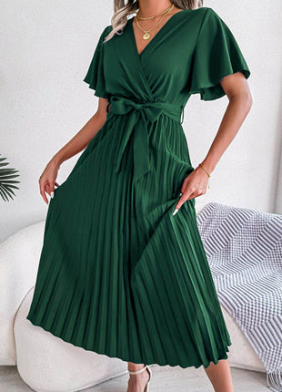 Pleated Flutter Sleeve Belted Dress - MimiStylez