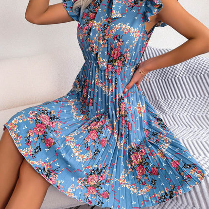 Pleated Floral Printed Tie Neck Knee Length Dress - MimiStylez
