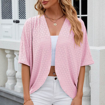 Eyelet Open Front Half Sleeve Cardigan - MimiStylez