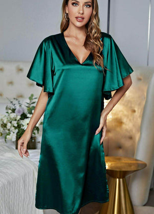 Satin Flutter Sleeve Side Slit V-Neck Night Dress - MimiStylez