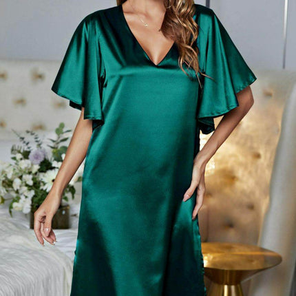 Satin Flutter Sleeve Side Slit V-Neck Night Dress - MimiStylez