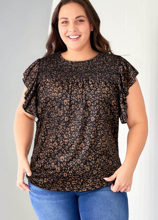 Plus Size Printed Smocked Butterfly Sleeve Blouse - MimiStylez