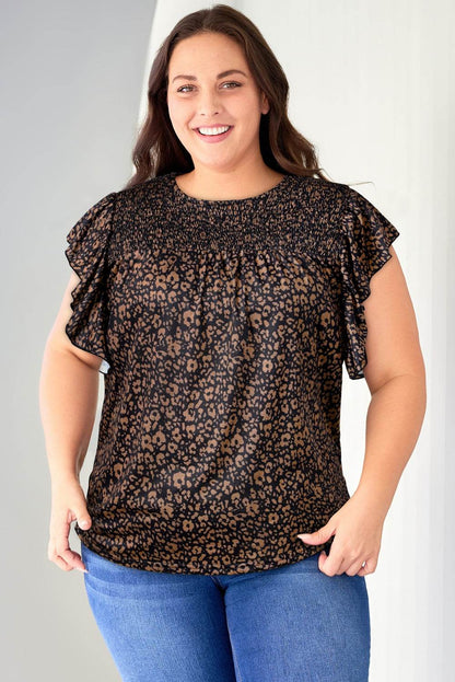 Plus Size Printed Smocked Butterfly Sleeve Blouse - MimiStylez