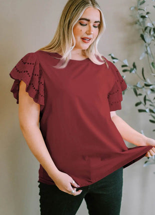 Plus Size Eyelet Round Neck Short Sleeve Blouse - MimiStylez