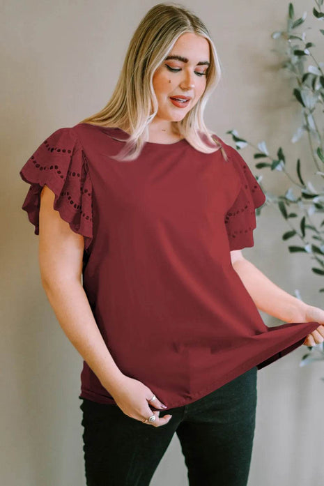 Plus Size Eyelet Round Neck Short Sleeve Blouse - MimiStylez