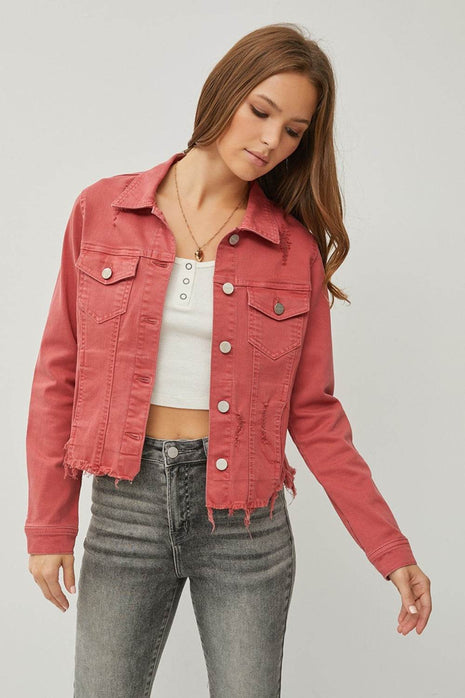 RISEN Raw Hem Button Up Cropped Denim Jacket - MimiStylez