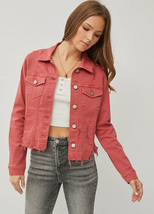 RISEN Raw Hem Button Up Cropped Denim Jacket - MimiStylez