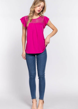 ACTIVE BASIC Ruffle Short Sleeve Lace Detail Knit Top - MimiStylez