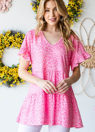 Heimish Full Size Leopard Ruffle Trim Short Sleeve Top - MimiStylez