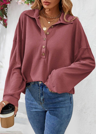 Half Button Collared Neck Long Sleeve Top - MimiStylez