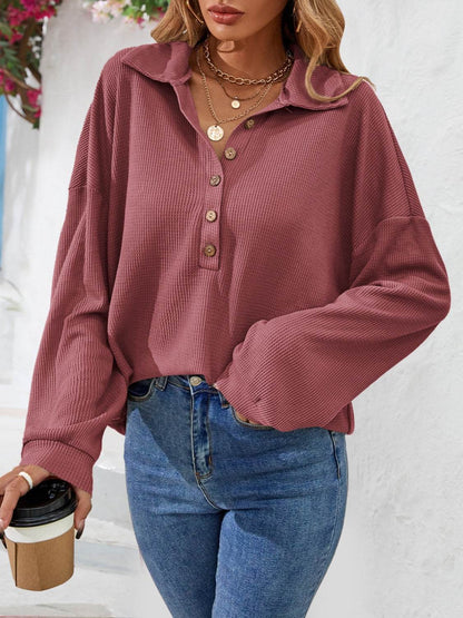 Half Button Collared Neck Long Sleeve Top - MimiStylez