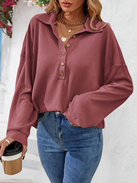 Half Button Collared Neck Long Sleeve Top - MimiStylez