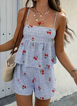 Floral Gingham Print Cami and Shorts Two-Piece Set - MimiStylez