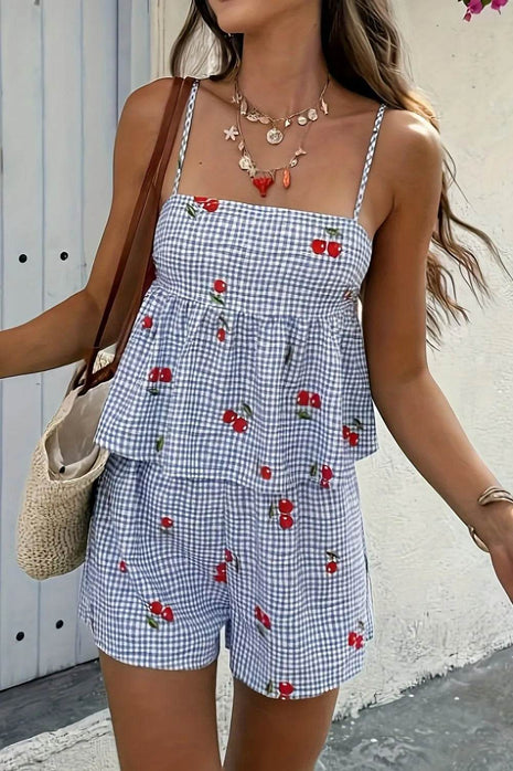 Floral Gingham Print Cami and Shorts Two-Piece Set - MimiStylez