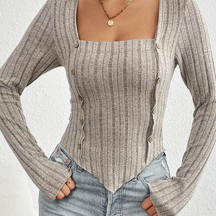 Ribbed Decorative Button Long Sleeve T-Shirt - MimiStylez