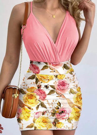 Surplice Spaghetti Strap Top and Printed Mini Skirt Set - MimiStylez