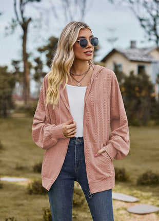 Zip Up Drawstring Long Sleeve Hooded Jacket - MimiStylez