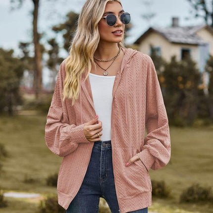 Zip Up Drawstring Long Sleeve Hooded Jacket - MimiStylez