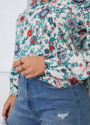 Floral Notched Long Sleeve Blouse - MimiStylez