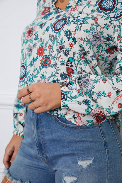 Floral Notched Long Sleeve Blouse - MimiStylez