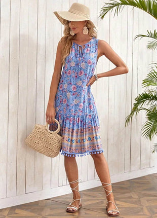 Tie Neck Sleeveless Floral Dress - MimiStylez