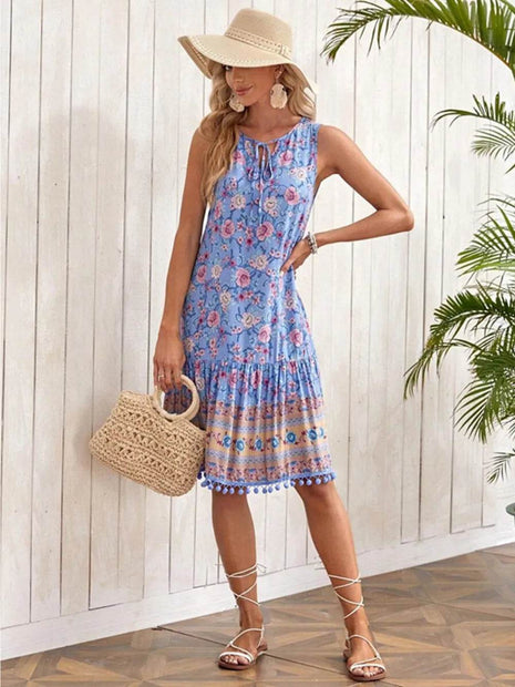 Tie Neck Sleeveless Floral Dress - MimiStylez
