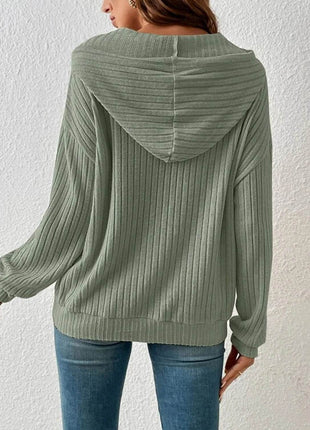 Ribbed Dropped Shoulder Drawstring Hoodie - MimiStylez