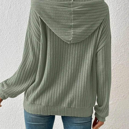 Ribbed Dropped Shoulder Drawstring Hoodie - MimiStylez