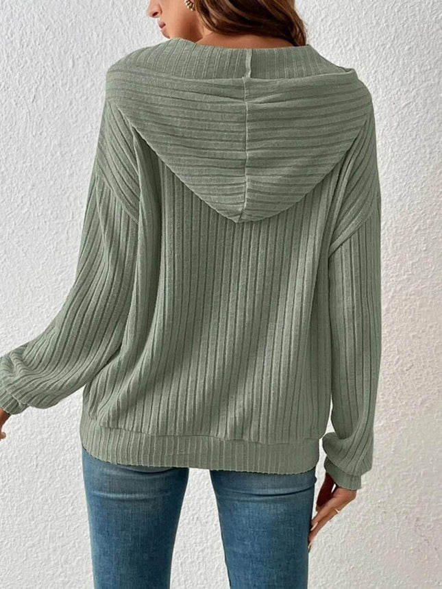 Ribbed Dropped Shoulder Drawstring Hoodie - MimiStylez