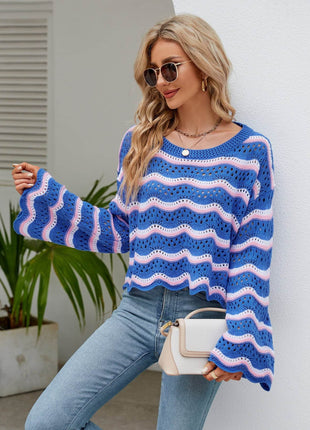 Round Neck Openwork Flare Sleeve Knit Top - MimiStylez