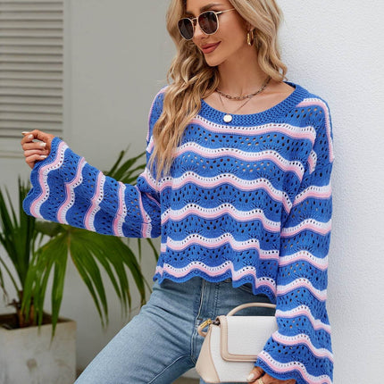 Round Neck Openwork Flare Sleeve Knit Top - MimiStylez