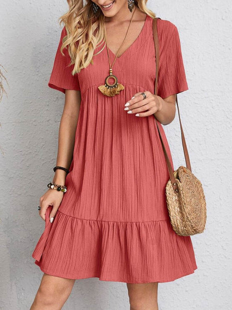 Full Size V-Neck Short Sleeve Dress - MimiStylez