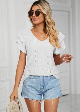 Eyelet Layered Flutter Sleeve V-Neck Knit Top - MimiStylez