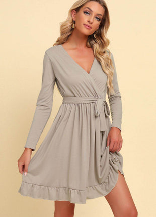 Long Sleeve Tie Waist Ruffle Hem Dress - MimiStylez
