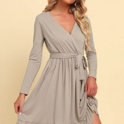 Long Sleeve Tie Waist Ruffle Hem Dress - MimiStylez