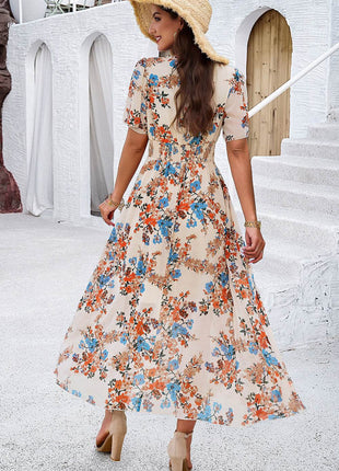 Smocked Floral V-Neck Short Sleeve Dress - MimiStylez