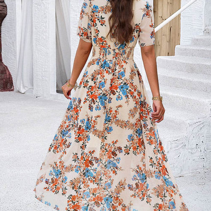 Smocked Floral V-Neck Short Sleeve Dress - MimiStylez