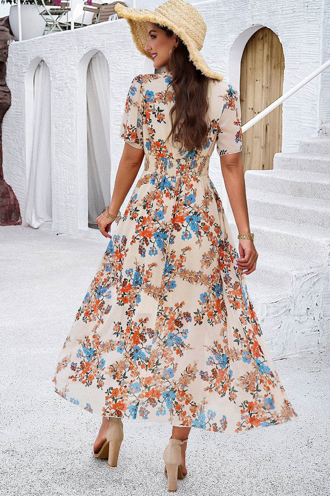 Smocked Floral V-Neck Short Sleeve Dress - MimiStylez