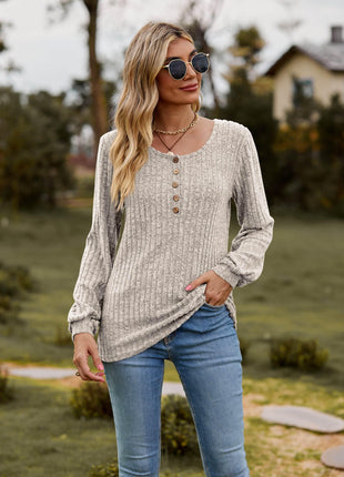 Round Neck Button-Down Long Sleeve Tee - MimiStylez