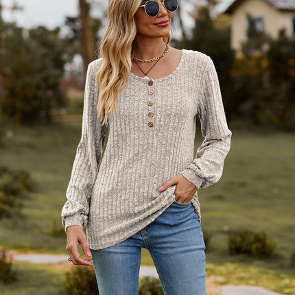 Round Neck Button-Down Long Sleeve Tee - MimiStylez