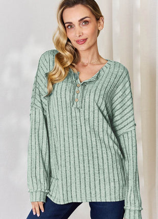 Basic Bae Full Size Ribbed Half Button Long Sleeve T-Shirt - MimiStylez